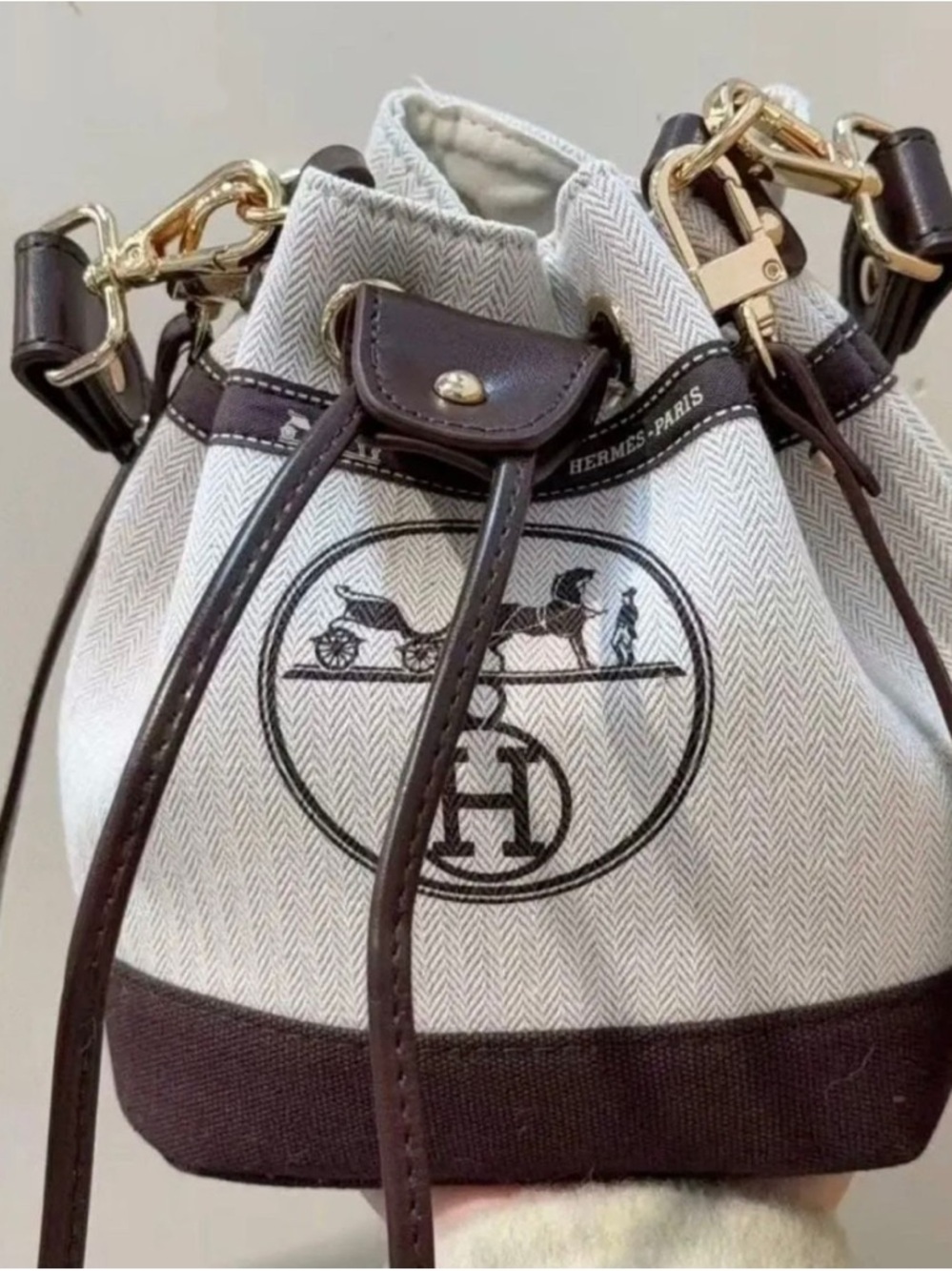 Hermes Cream and Brown Canvas Bucket Bag with Horse Motif